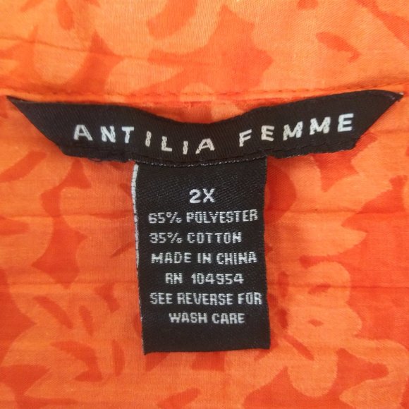 4/$20 Antilia Femme Orange Floral Print Semi Sheer Pleated Blouse 2X Plus Size - Picture 4 of 5